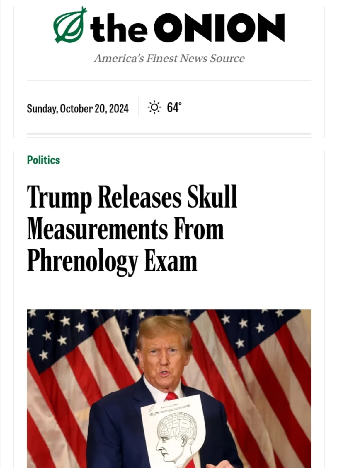 The image shows a satirical newspaper front page from 'the ONION' dated October 20, 2024, under the 'Politics' section. It…