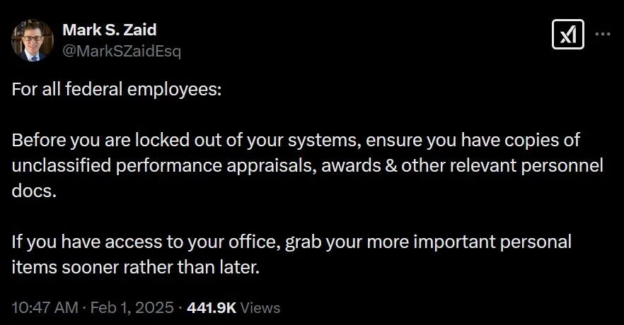 A screenshot of a tweet from Mark S. Zaid (@MarkSZaidEsq) advising federal employees to back up their unclassified personnel…