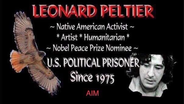 A black background image features a hawk in flight on the left and a black-and-white photo of Leonard Peltier on the right…