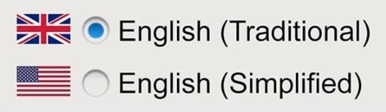 An image shows two radio button options for language selection: the top option has a blue dot and displays the British flag…