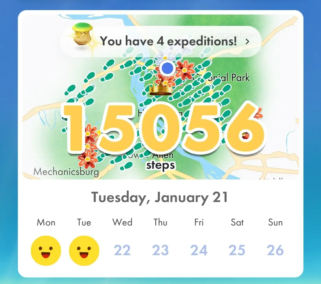 A fitness app screenshot showing 15,056 steps taken on Tuesday, January 21, with a notification for 4 expeditions. The map…