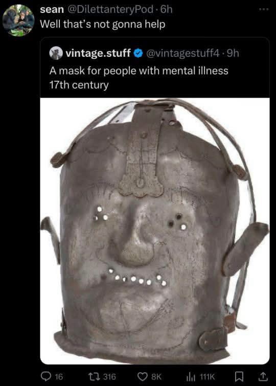 An image of a 17th-century metal mask with a grotesque, smiling face, featuring holes for eyes and mouth. Overlaid text from…