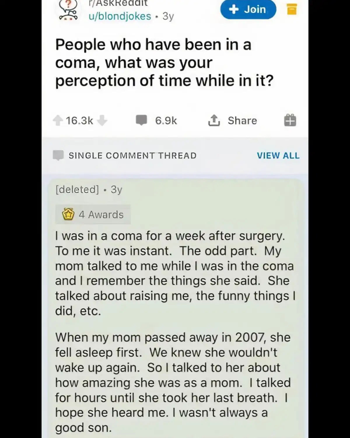 A screenshot of a Reddit post from r/AskReddit asking coma survivors about their perception of time, with a highly upvoted…