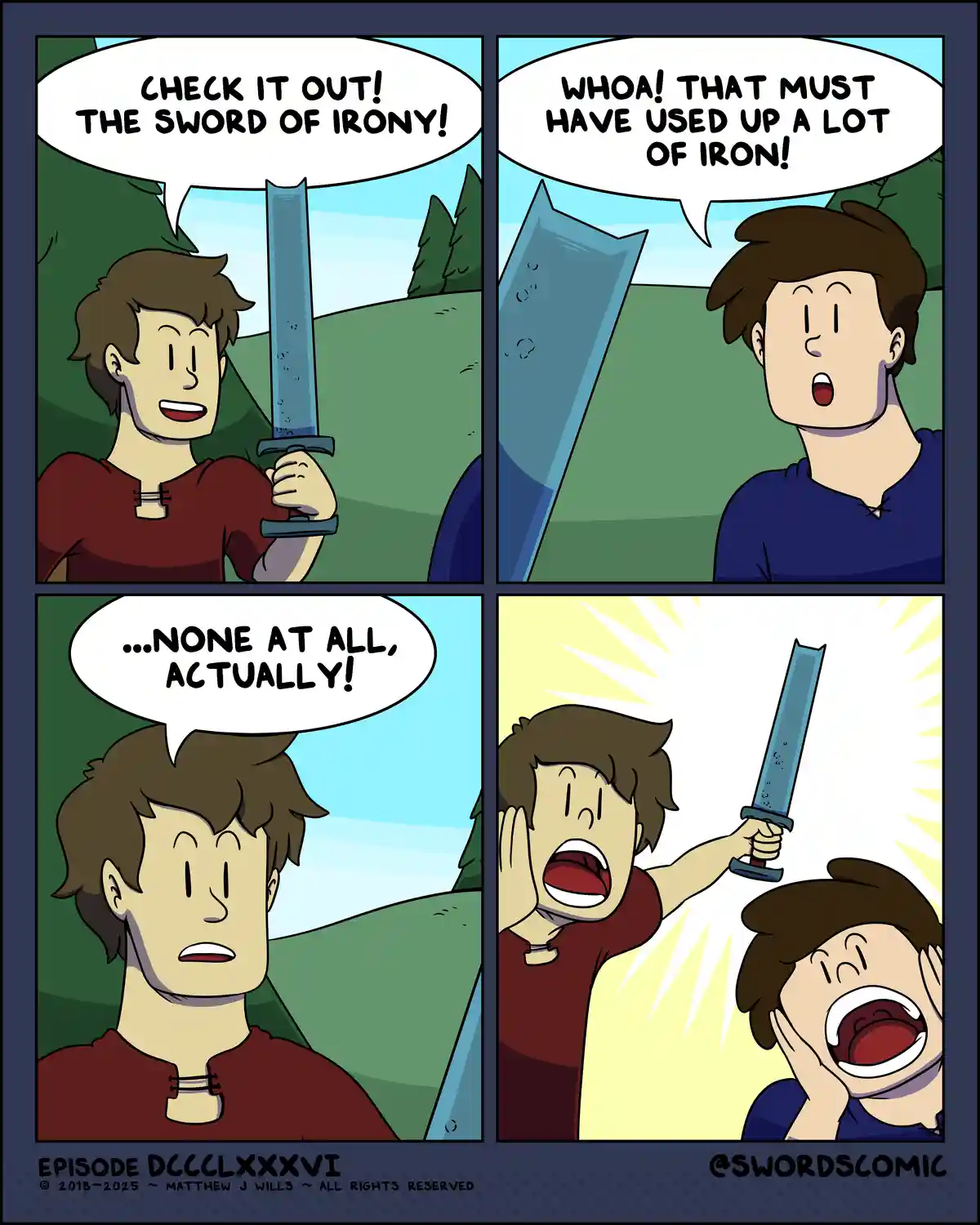A four-panel comic shows two men reacting to a sword. The first man excitedly calls it 'The Sword of Irony.' The second man…