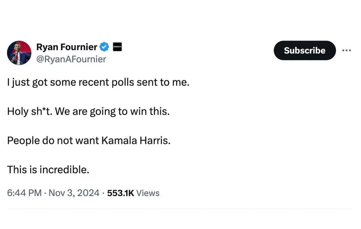 A screenshot of a social media post by Ryan Fournier, showing his profile picture, username, and a text message that reads…