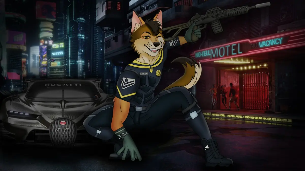 A confident anthropomorphic wolf in a police uniform crouches beside a black Bugatti, holding a rifle, in a neon-lit…