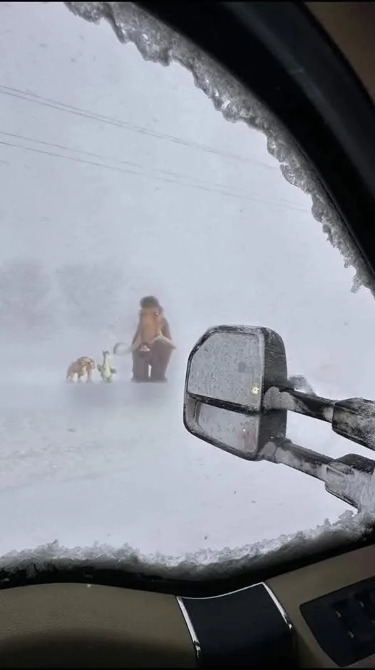 A view from inside a car with frost on the windshield and side mirror, looking out at a snowy scene where a person in a…