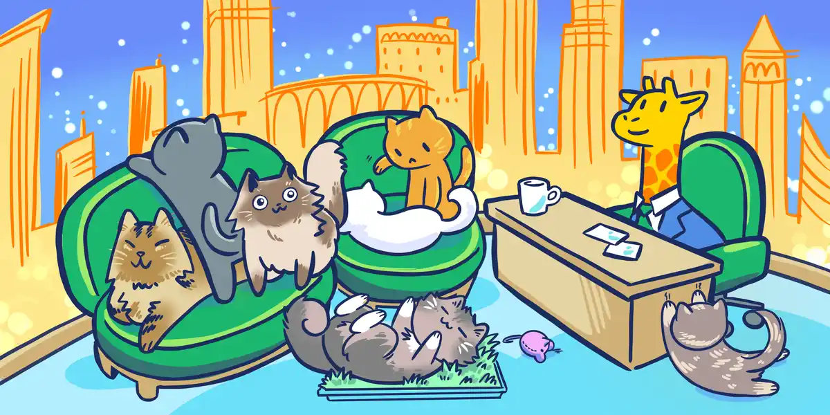 A cartoon illustration shows multiple cats lounging on green couches and the floor in a room with a city skyline background…