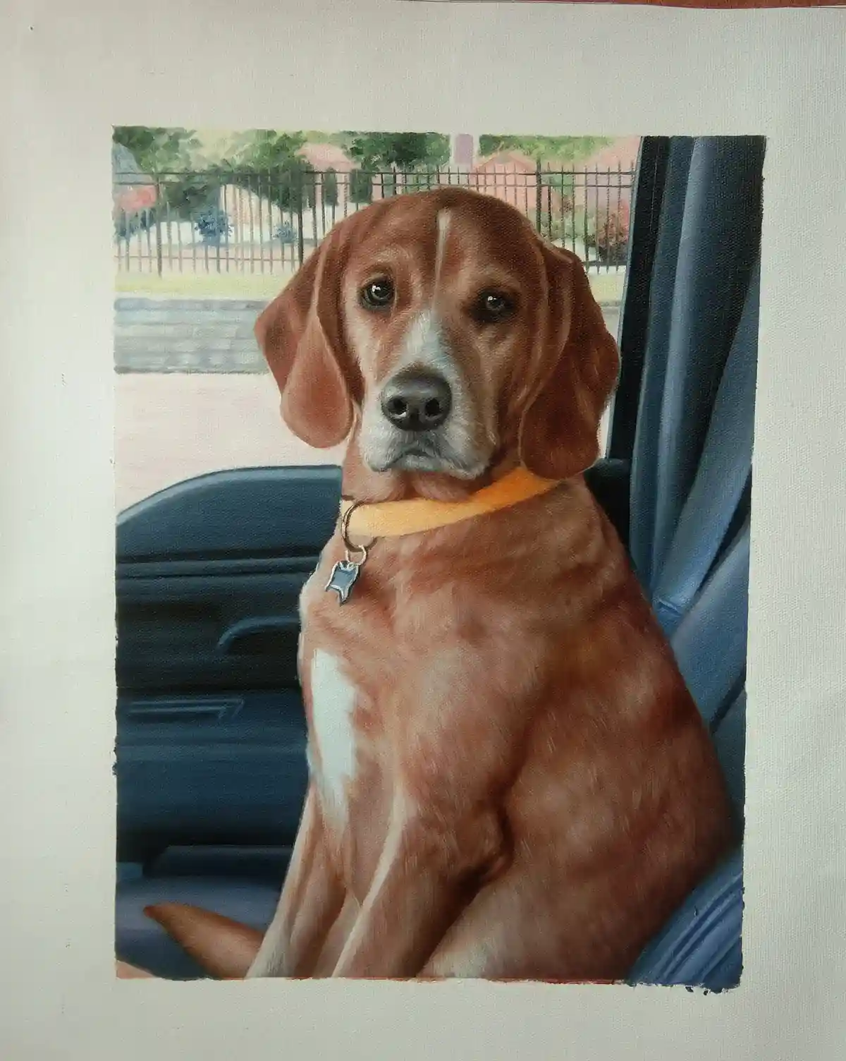 A realistic painting of a brown dog with floppy ears and a white chest, sitting upright in a car's passenger seat. The dog…