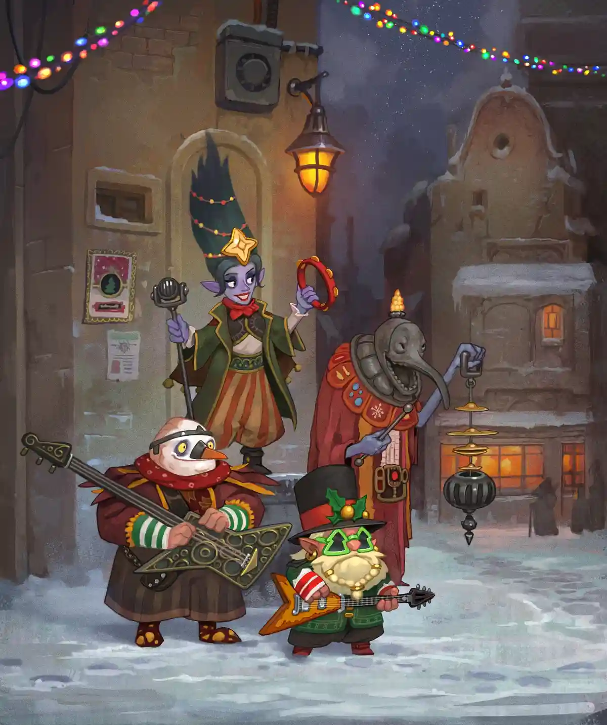 Four fantasy creatures dressed in festive holiday attire play musical instruments on a snowy street decorated with colorful…