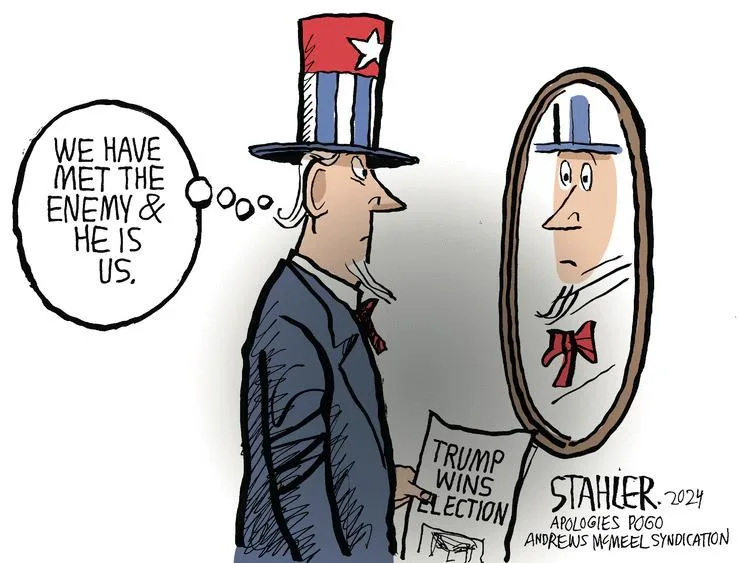 A cartoon depicts a man in a top hat with the U.S. flag pattern looking into a mirror. He holds a newspaper that reads…