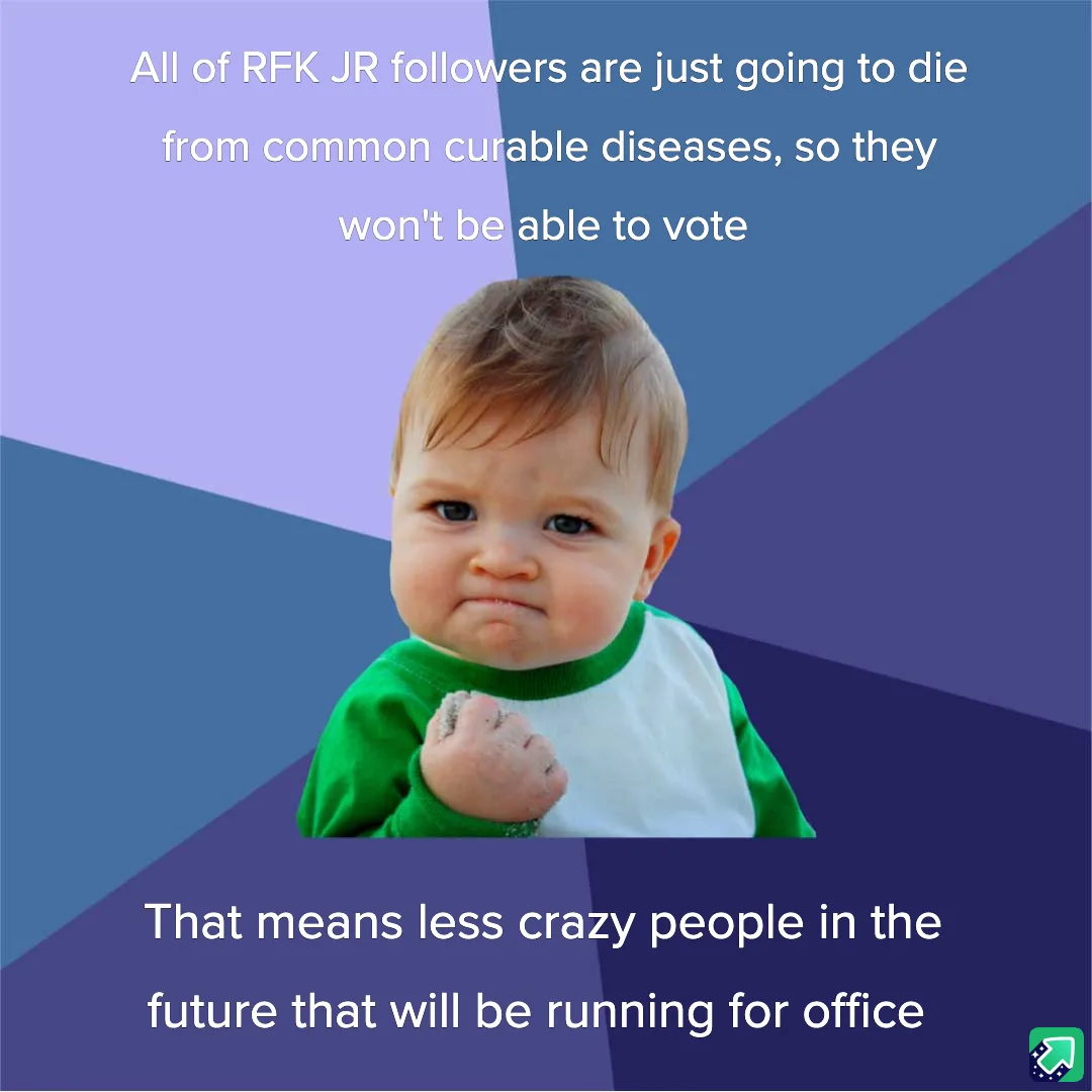 A baby with a pouting, defiant expression wearing a green and white shirt, set against a geometric purple and blue…