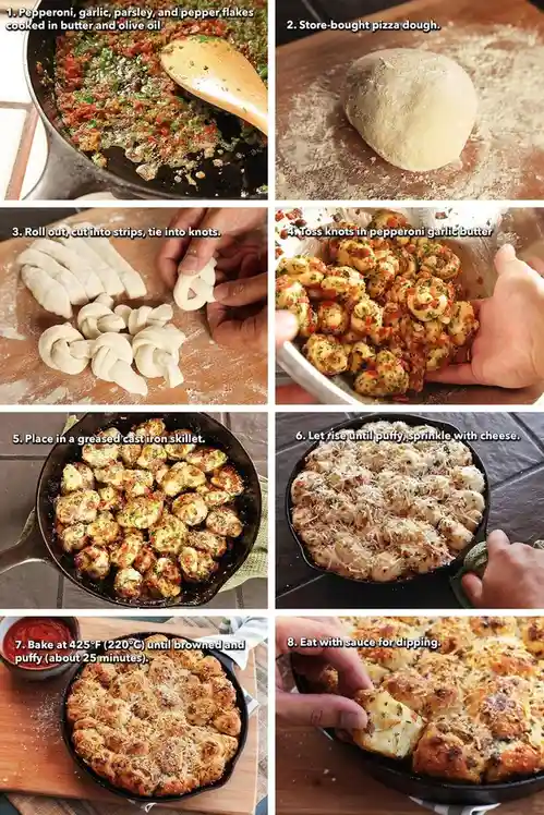 An eight-step recipe collage showing the preparation of garlic pepperoni knots using store-bought pizza dough. The steps…