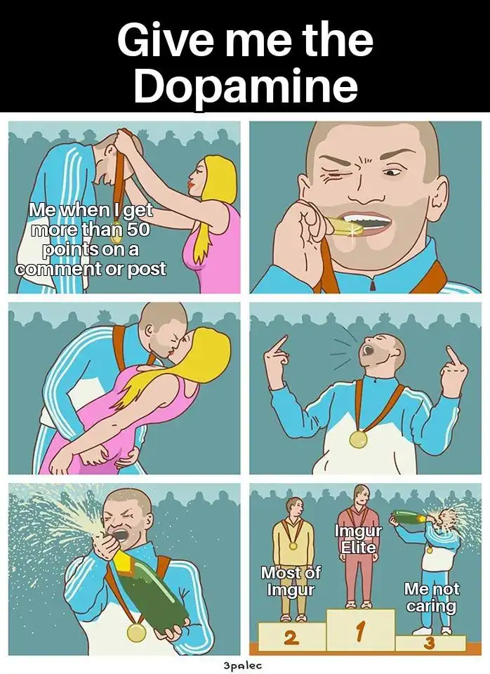 A six-panel comic strip shows a man receiving a medal, kissing a woman, celebrating with champagne, and then being shown on…