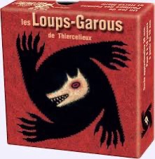 A red box for the board game 'Les Loups-Garous de Thiercelieux' shows a stylized black werewolf with claws and glowing eyes…