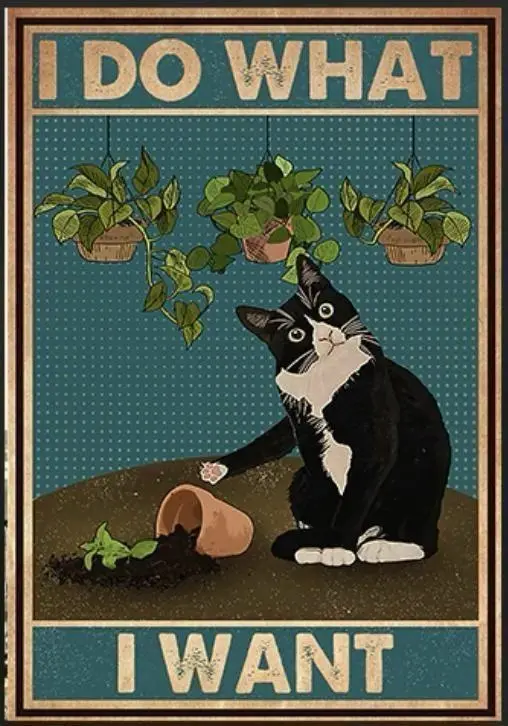 A vintage-style poster shows a black and white cat sitting on dirt, knocking over a small terracotta pot with a plant, while…