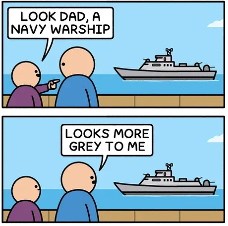 Two bald cartoon children stand on a dock looking at a grey naval warship on the water. The child in purple points excitedly…