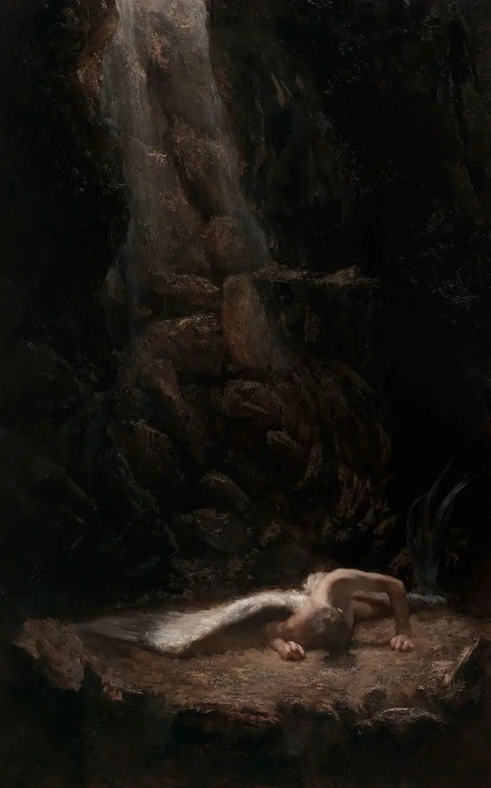 A classical painting depicts a winged, nude human figure lying defeated on a rocky ledge beneath a waterfall in a dark…