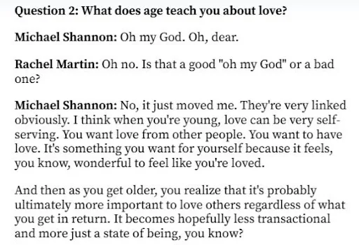 A screenshot of a text-based interview transcript where Michael Shannon answers a question about what age teaches you about…