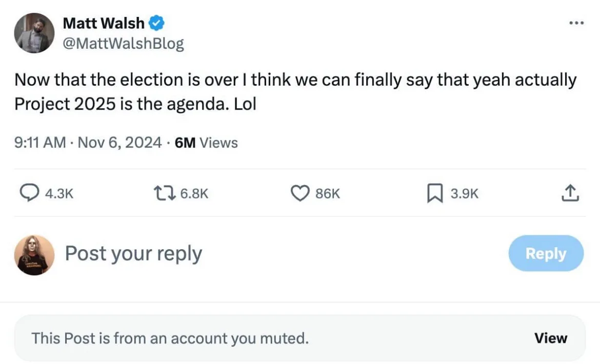 A screenshot of a tweet from Matt Walsh's verified account @MattWalshBlog, posted on November 6, 2024, at 9:11 AM. The tweet…