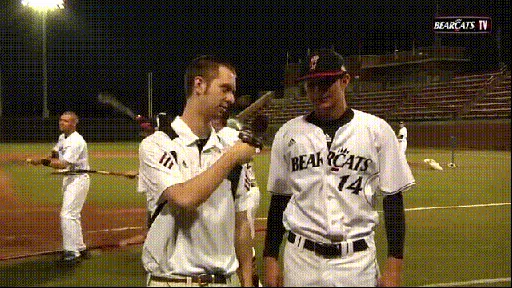 A six-panel sequence shows a baseball player in a 'BEARCATS 14' uniform being interviewed by a reporter. In the background…