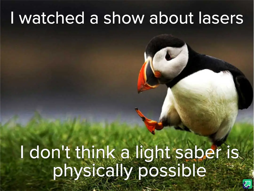 A puffin stands on green grass with a blurred background, looking down with one foot slightly raised. White text at the top…