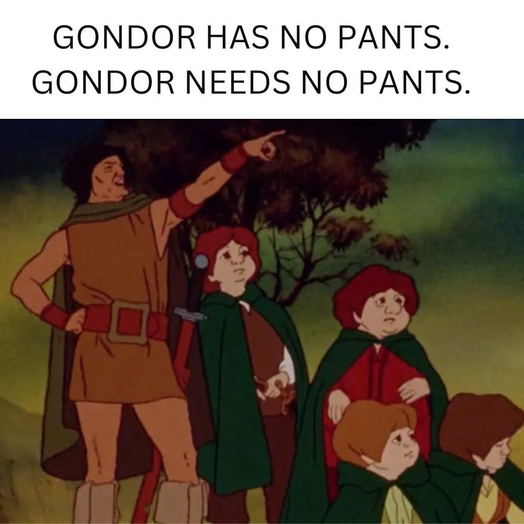 An animated image shows a group of characters from 'The Lord of the Rings' cartoon, with one man in a brown tunic pointing…