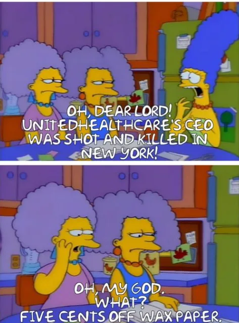 The image is a two-panel meme featuring Marge Simpson and her friends reacting to shocking news. In the top panel, Marge…