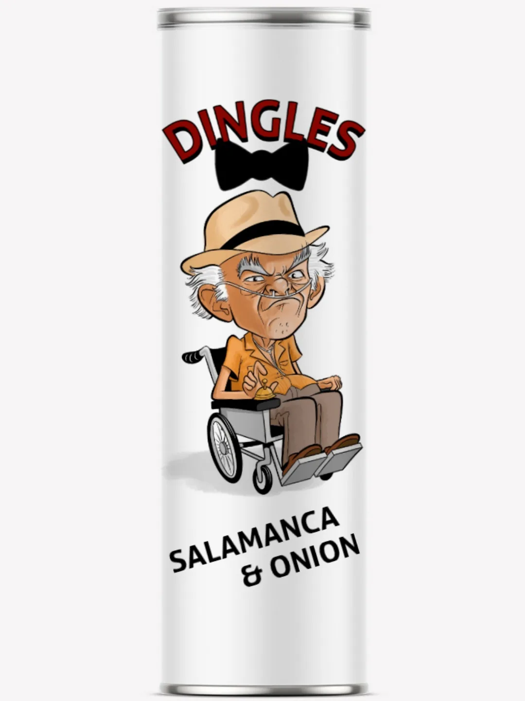 A cartoon image of an angry, elderly man in a wheelchair wearing a hat and oxygen tube, depicted on a white cylindrical can…
