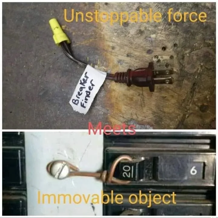 The top panel shows a labeled electrical plug with a yellow wire connector and a handwritten tag reading 'Breaker Finder' on…