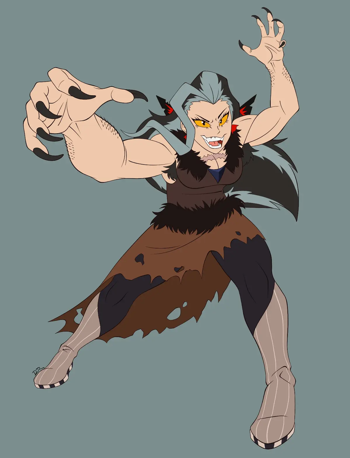 An anime-style illustration of a muscular, feral-looking humanoid with grey and black hair, yellow eyes, and long black…