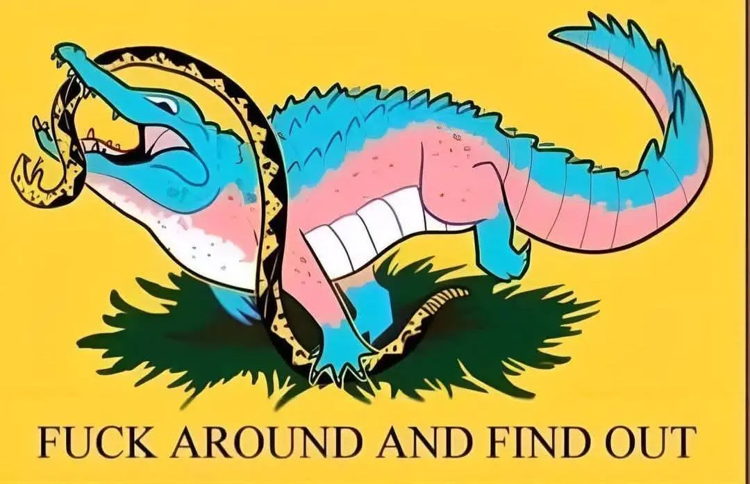 A cartoon alligator with a blue and pink gradient body is depicted biting a snake that has a black and yellow patterned…