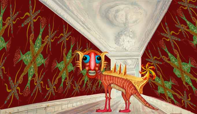 A surreal, ornately decorated hallway features a bizarre, anthropomorphic red creature with large blue eyes, a wide grin…