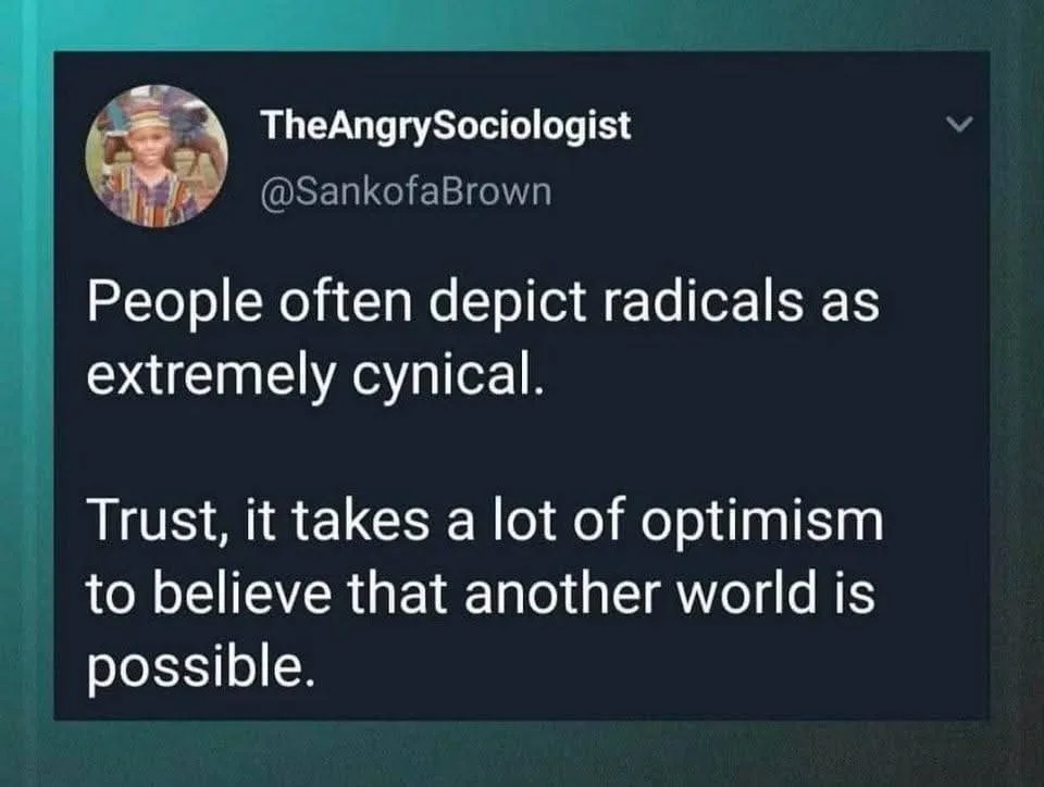 A screenshot of a tweet from the account 'TheAngrySociologist' (@SankofaBrown) with a profile picture of a young child. The…