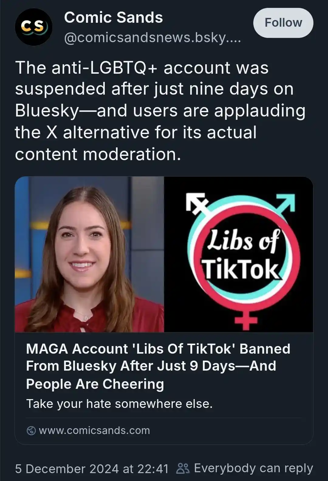 The image shows a split-screen: on the left, a smiling woman in a red top, and on the right, the 'Libs of TikTok' logo—a…