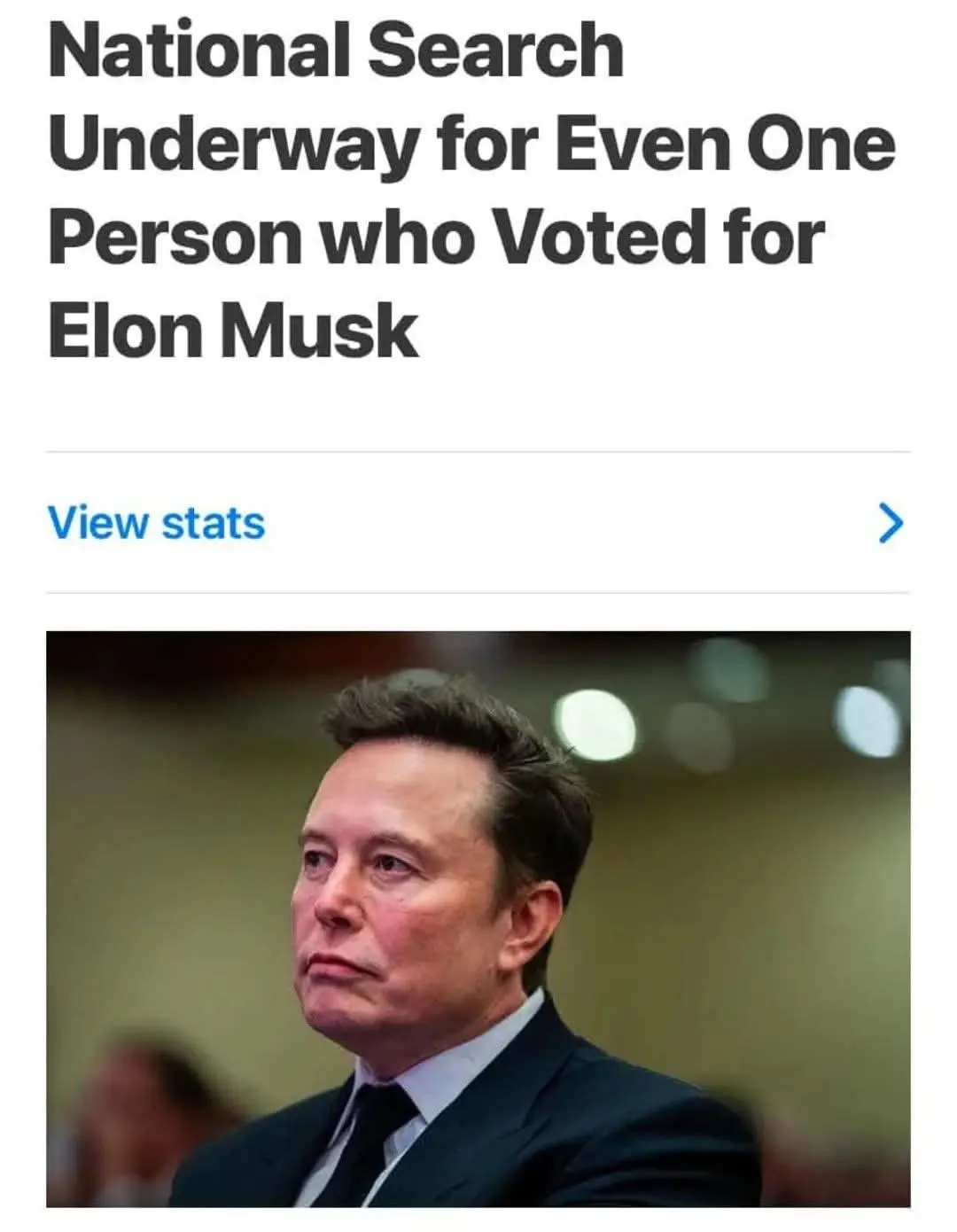 The image shows a screenshot of a fake news article headline reading 'National Search Underway for Even One Person who Voted…