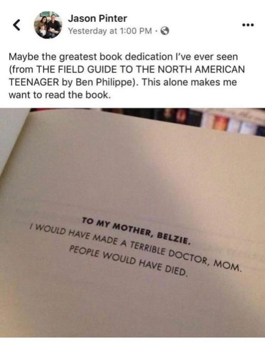 A screenshot of a Facebook post by Jason Pinter showing a book dedication page. The text on the page reads: 'TO MY MOTHER…