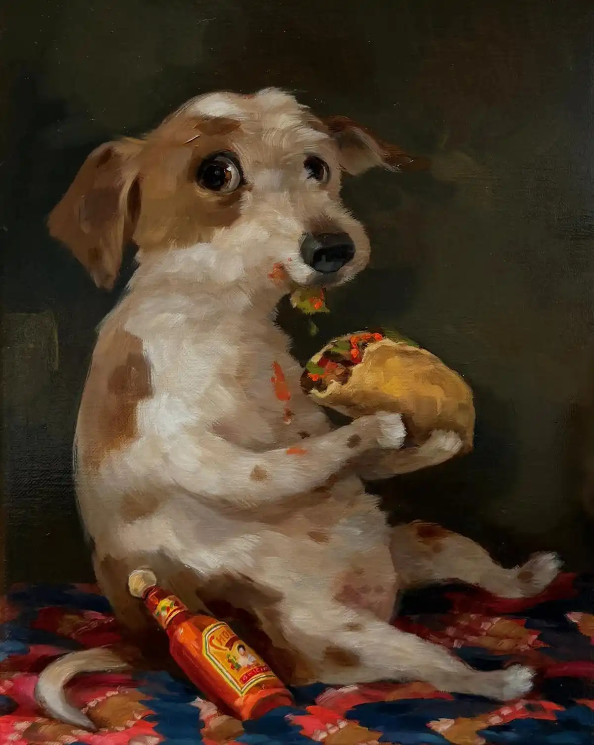A classical-style oil painting depicts a brown and white dog sitting upright, holding a taco in its paws and looking upward…