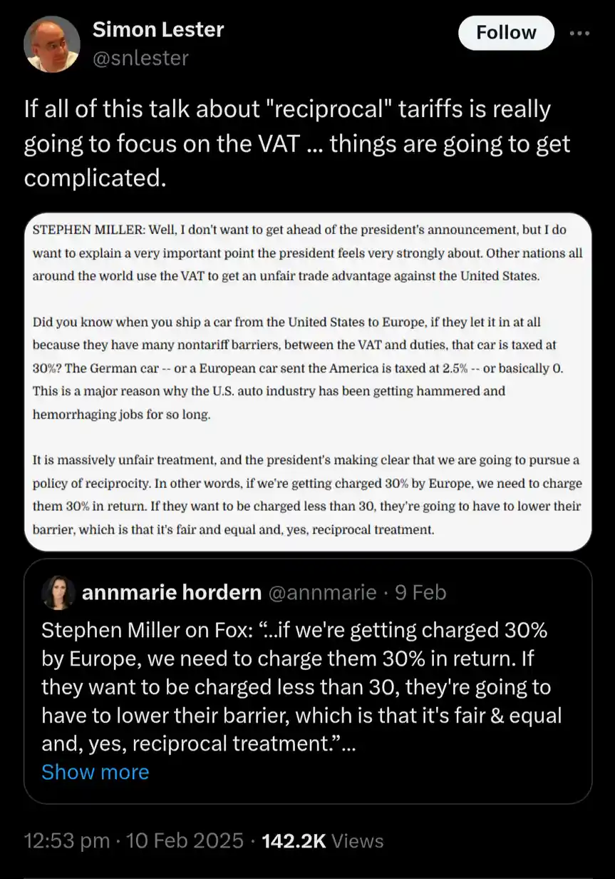 A screenshot of a Twitter thread showing a tweet by Simon Lester criticizing Stephen Miller's claim that VAT is an unfair…