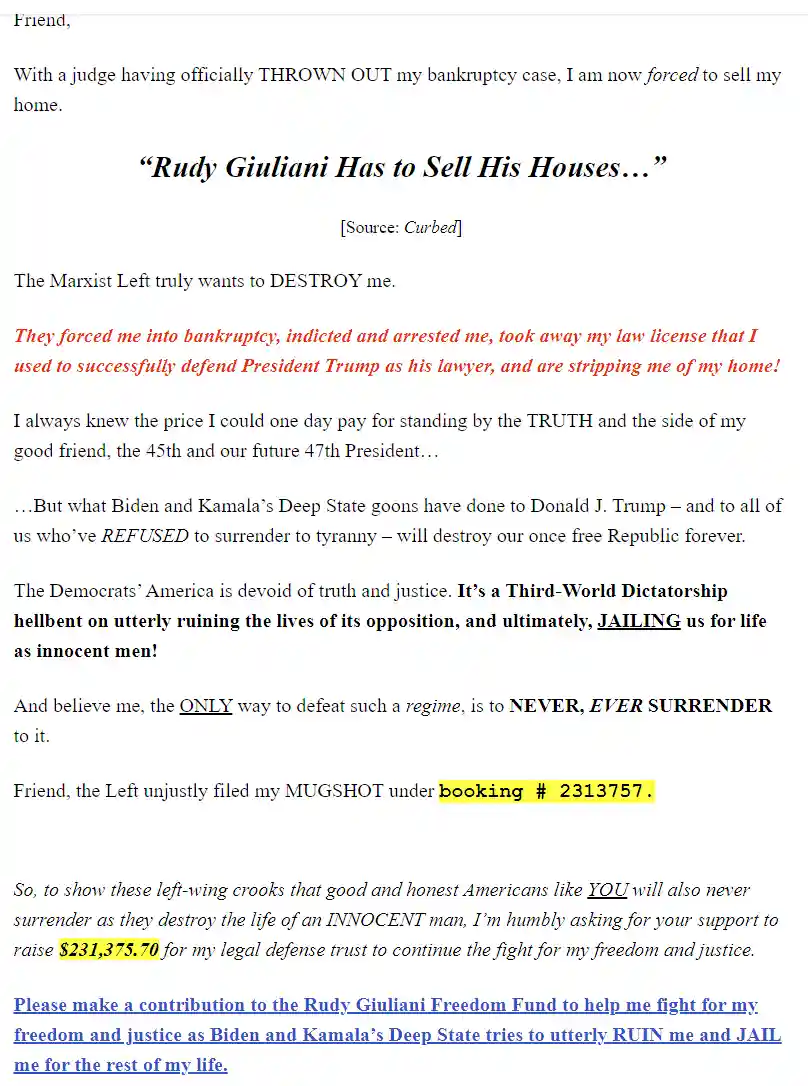 A screenshot of a text message styled as a letter from Rudy Giuliani, claiming he was forced to sell his homes after his…