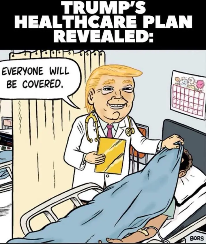 A cartoon depicts a caricature of Donald Trump dressed as a doctor in a hospital room, smiling while holding a clipboard and…