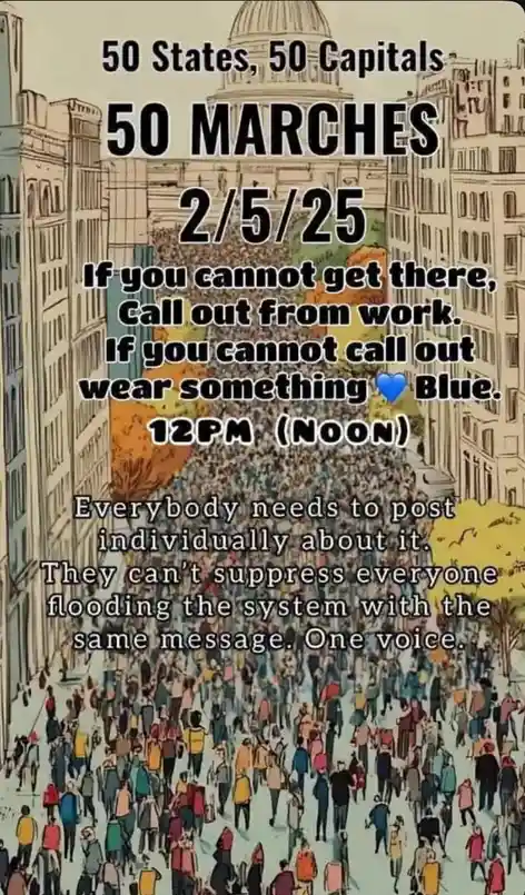An illustrated image depicts a massive crowd of people marching down a city street, with a domed capitol building visible in…