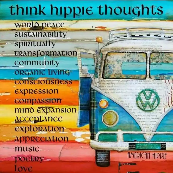 A colorful, textured painting features a vintage blue and white Volkswagen bus on the right, with a rainbow-striped…
