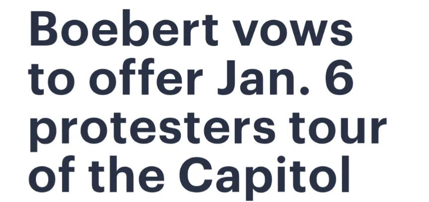 The image displays bold, dark blue text on a plain white background. The text reads 'Boebert vows to offer Jan. 6 protesters…