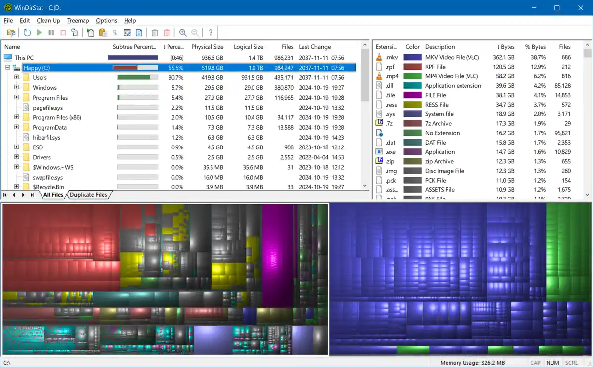 A screenshot of the WinDirStat disk analysis tool showing the C: drive with 'Happy (C)' highlighted, indicating 55.5% usage…