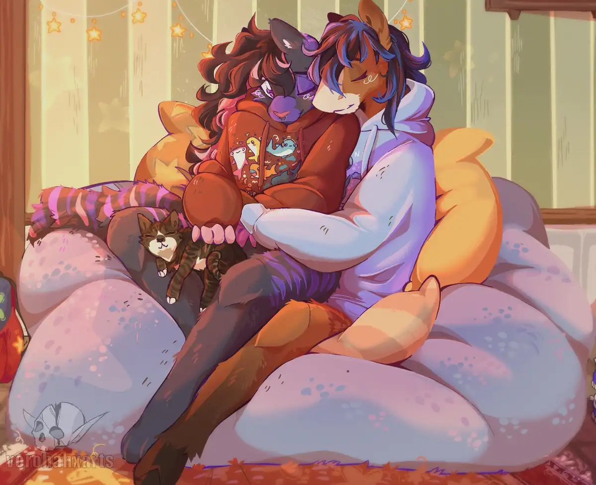 Two anthropomorphic characters, one with cat ears and one with horse ears, are cozily cuddling on a large beanbag chair in a…