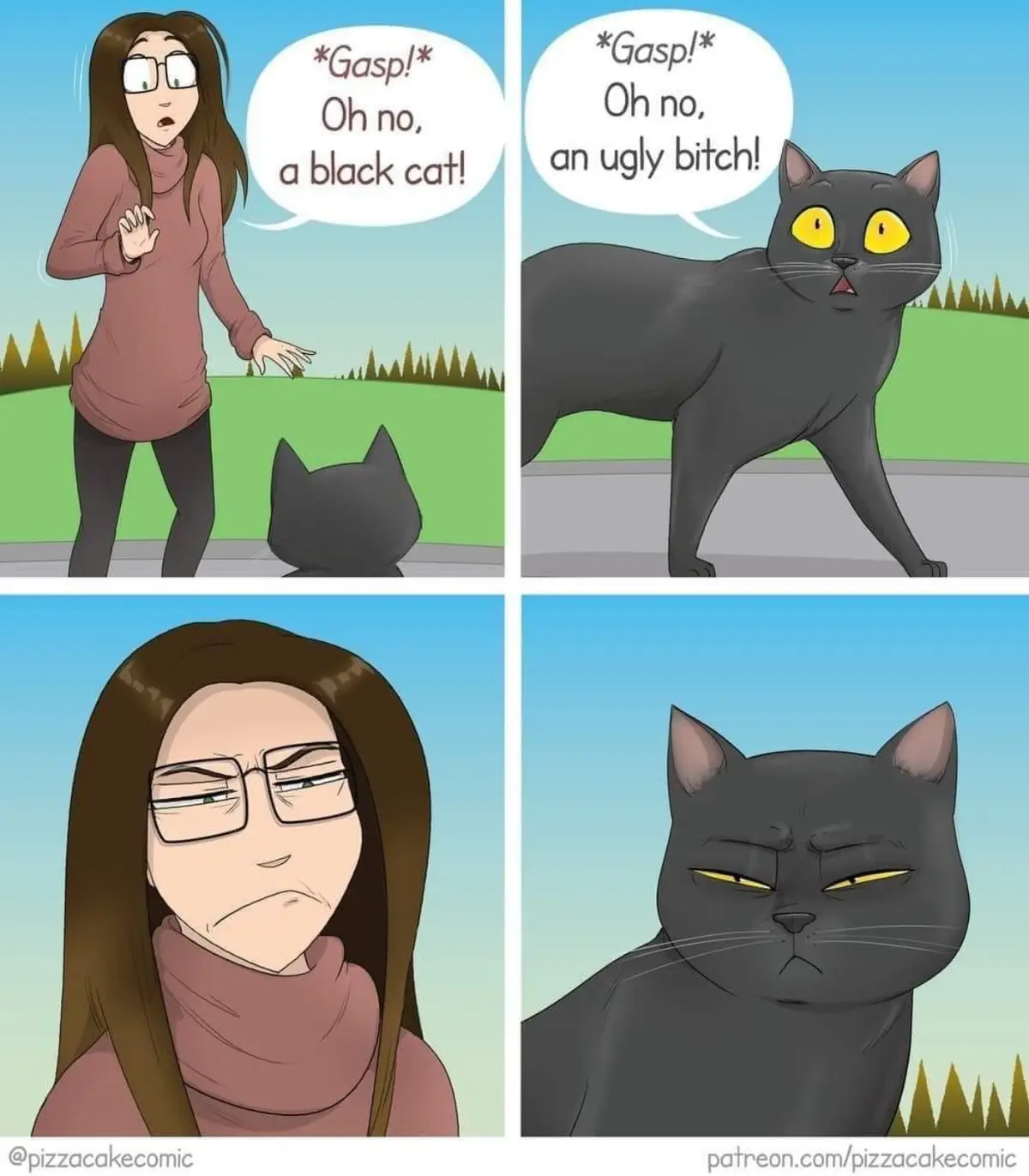 A four-panel comic shows a woman reacting with horror to a black cat, then the cat reacting with equal horror to her. The…