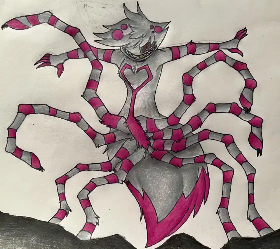 A hand-drawn, cartoonish creature with a wolf-like head, grey fur, and multiple long limbs striped in pink and grey. It has…