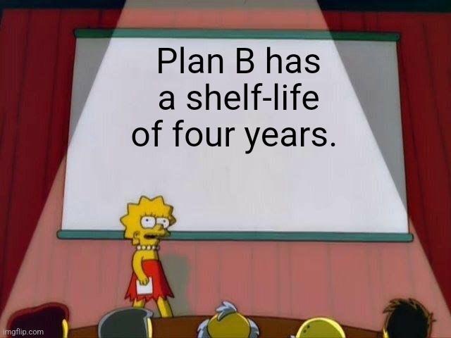 Lisa Simpson stands at a podium in front of a projector screen displaying the text 'Plan B has a shelf-life of four years.'…