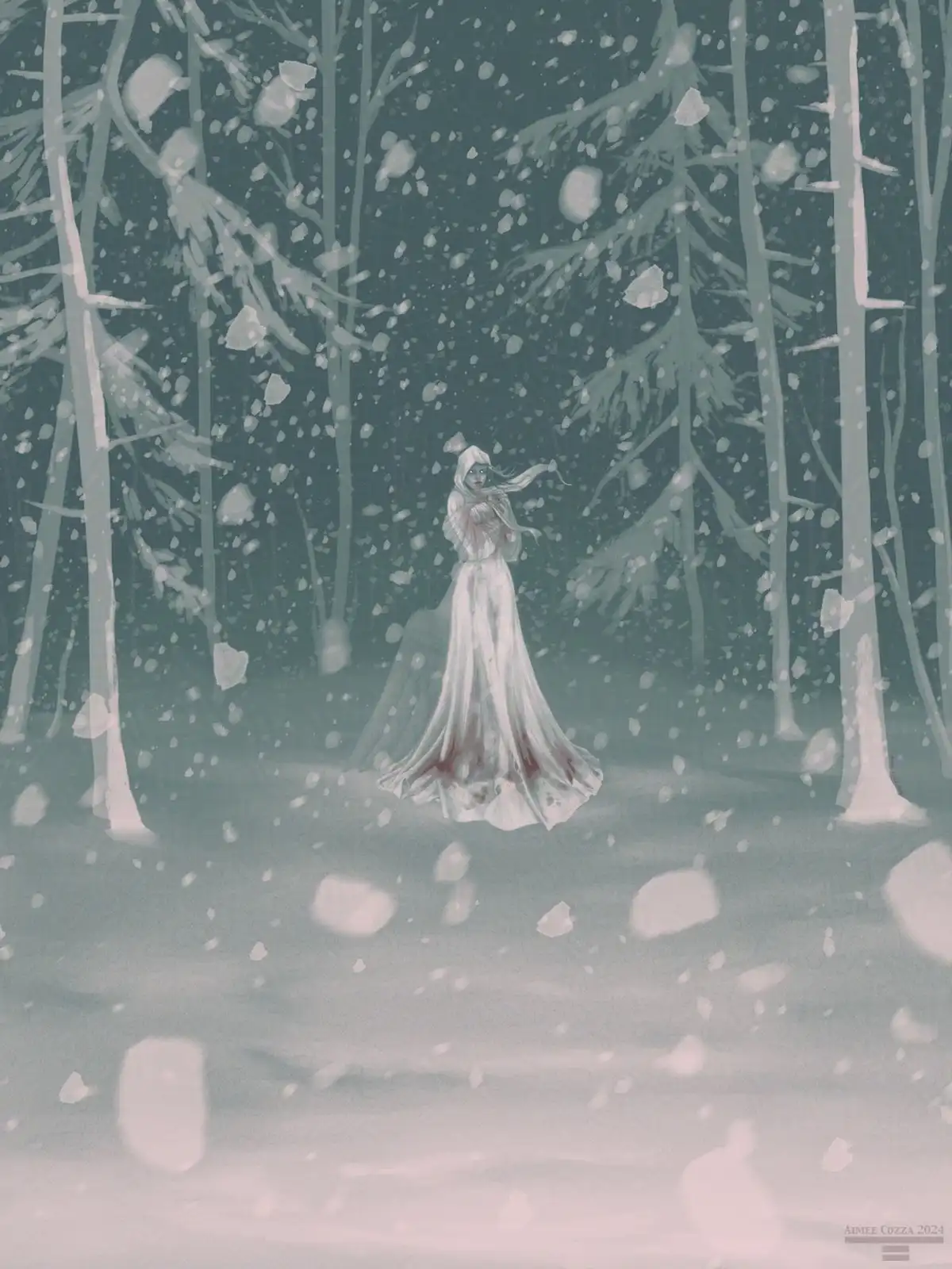 A haunting illustration depicts a pale, hooded figure in a long white gown standing alone in a snowy forest, surrounded by…